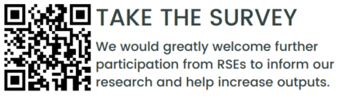 scannable QR code and text saying take the survey