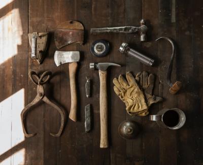 work tools on brown table